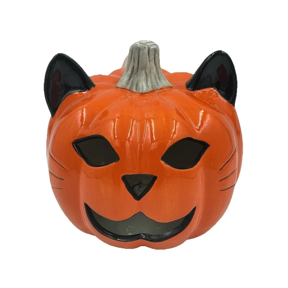 Cat Pumpkin Jack O Lantern Light Up Ceramic Halloween Decor Goblin & Ghoul